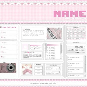 May include: A digital website layout template featuring a soft pink color palette with a gingham header and white scalloped borders. The interface includes a central name field, navigation links, a calendar, a digital clock, and image placeholders.