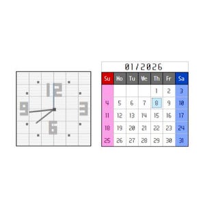 May include: A square analog clock with a grid pattern and pixelated numbers 3, 6, 9, and 12, alongside a January 2026 calendar grid. The calendar features a red Sunday column, blue Saturday column, pink weekday column, and the date 8 highlighted in a box.