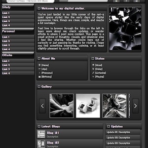 May include: A monochromatic website interface featuring a dark gray color scheme with black accents. The layout includes a header with a music player, a sidebar with navigation links, and sections for About Me, Status, Gallery, Latest Blogs, and Updates.