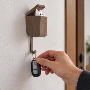 Könnte beinhalten: Ein brauner Wand-Schlüsselhaken mit texturiertem Kastendesign und aufklappbarem Deckel. Eine kleine weiße Katzenfigur mit rosa Ohren und schwarzen Augen schaut aus dem offenen Deckel hervor. Ein schwarzer Autoschlüssel hängt am Haken unter dem Kasten.