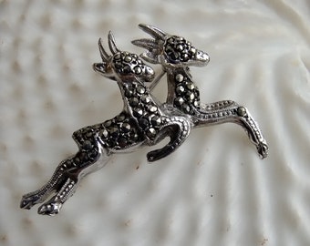 Sterling Silver and Marcasite Brooch/Pin, Two Leaping Deer, Exquisite Vintage 1950s Jewellery