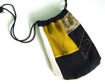 Japanese Bag, Drawstring Vintage Bag/Purse, Handsewn From Antique and Vintage Fabrics, Black, Ochre, Cream