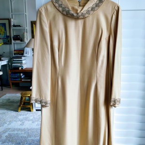 1960s English Couture Dress, Straw Colour, Heavy Silk Appearance, Beading, High Quality, Size 10 Australian Size, Small image 8