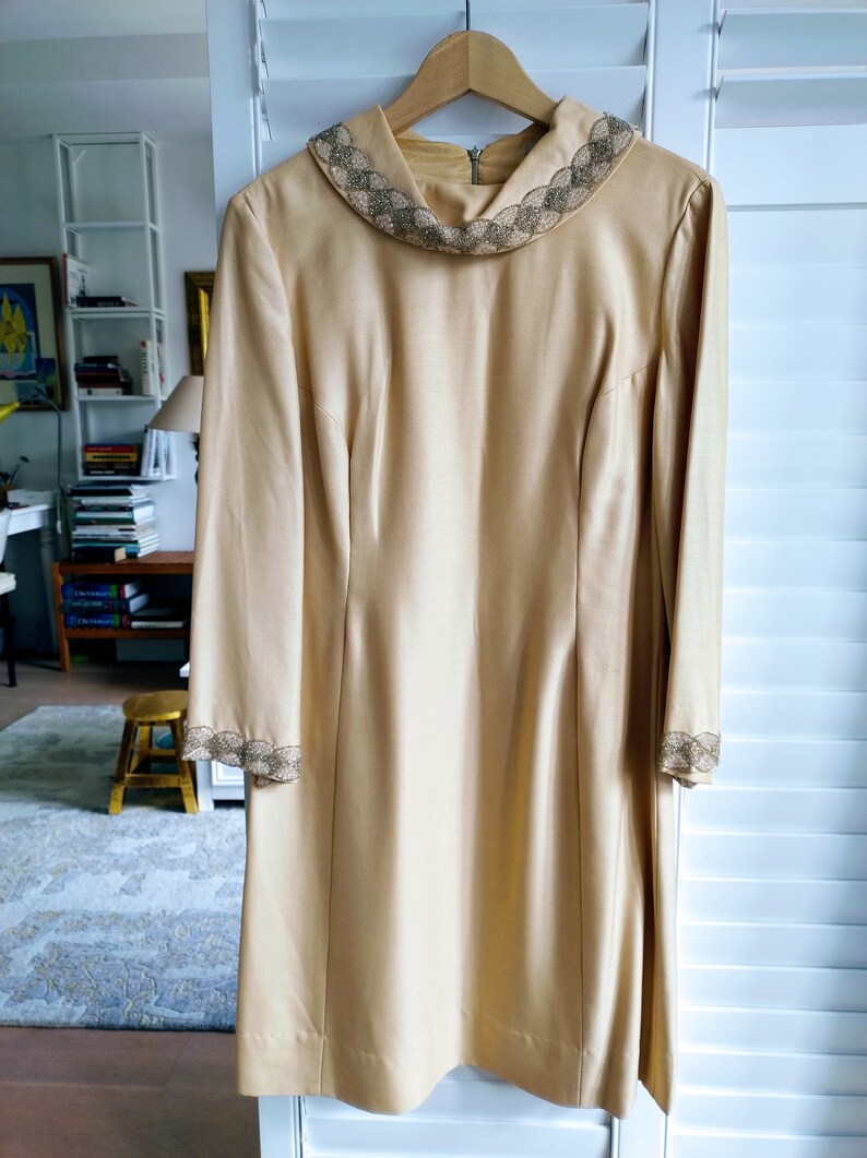 1960s English Couture Dress, Straw Colour, Heavy Silk Appearance, Beading, High Quality, Size 10 Australian Size, Small image 8