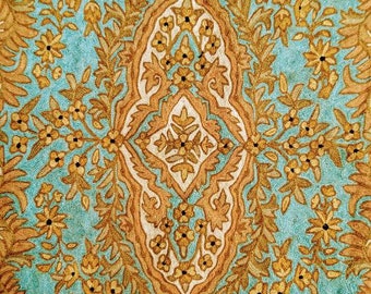 Embroidery/Crewel work, Vintage Indian Wall-hanging, Turquoise and Gold, Decorative Textile, Ethnic Art