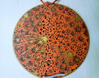 Doiley Holder, Vintage 1930s - 40s, Cardboard Covered with Decorative Paper, Orange, Brown and Gold