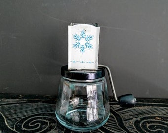 Nutmeg Grinder, Jar, American Vintage, Androck USA, Glass, Painted Metal, White with Blue Pattern