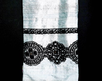 Japanese Brocade and Shantung Scarf, Handsewn, Grey, Black, Vintage Lace, Beads, Antique Floral Tapestry