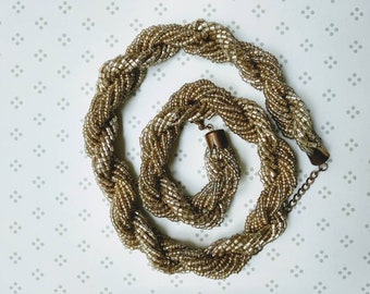 Vintage Beaded Necklace, Twisted Strands, 1930s - 50s, Silvery Gold Beads