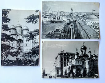 Vintage Russian Postcards x 3, Black and White, 1960, Moscow Churches, Moscow Street Scene