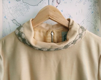 1960s English Couture Dress, Straw Colour, Heavy Silk Appearance, Beading, High Quality, Size 10 Australian Size, Small