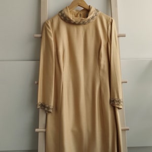 1960s English Couture Dress, Straw Colour, Heavy Silk Appearance, Beading, High Quality, Size 10 Australian Size, Small image 3