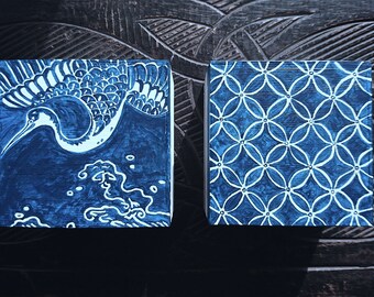 Japanese Fabric Designs on Japanese Wooden Boxes, Blue and White, Hand Painted, Crane Design or Cloisonne Design