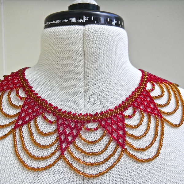 Vintage South African Beaded Choker/Necklace - 1980s - 90s Genuine African Beaded Necklace, Red, Gold