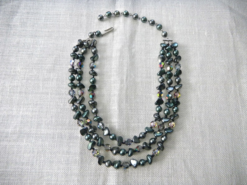 1950s Aurora Borealis Green Necklace Vintage Glass Bead Necklace Green Triple String Glass Bead Necklace image 1