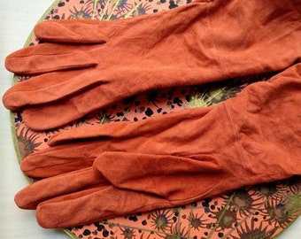 Vintage Suede Gloves, Women's Orange Soft Long Gloves 1950s to 1960s