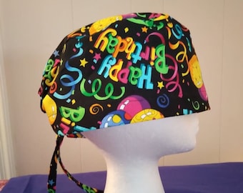 Happy Birthday scrub cap ties