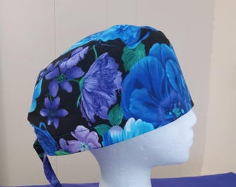 Blue Floral Scrub Cap: One Size Fits Most