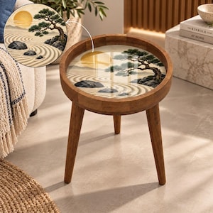 May include: A round wooden side table with three tapered legs. The tabletop features a glossy, circular inlay depicting a zen garden scene with a golden sun, a gnarled bonsai tree, dark rocks, and raked sand patterns in shades of beige and brown.