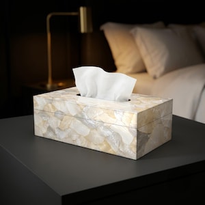 Puede incluir: Una caja de pañuelos rectangular con un mosaico de piezas de concha iridiscentes, crema y blancas. La caja tiene un acabado liso y pulido, con una abertura rectangular central en la parte superior de la que sobresale un pañuelo blanco.