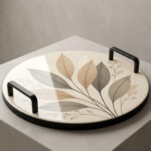 Könnte beinhalten: Ein rundes Serviertablett mit einer glänzenden cremefarbenen Oberfläche, die eine botanische Illustration von Blättern in Beige-, Braun- und Grautönen zeigt. Das Tablett hat einen schwarzen runden Rand und zwei schwarze rechteckige Griffe.