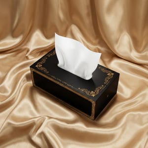 以下が含まれることがあります： 縁に華やかな金のフィリグリー模様が施された、長方形の黒いティッシュボックスケース。中央の開口部から白いティッシュが1枚引き出されており、上に向かって伸びています。ボックス本体は滑らかなマット仕上げです。