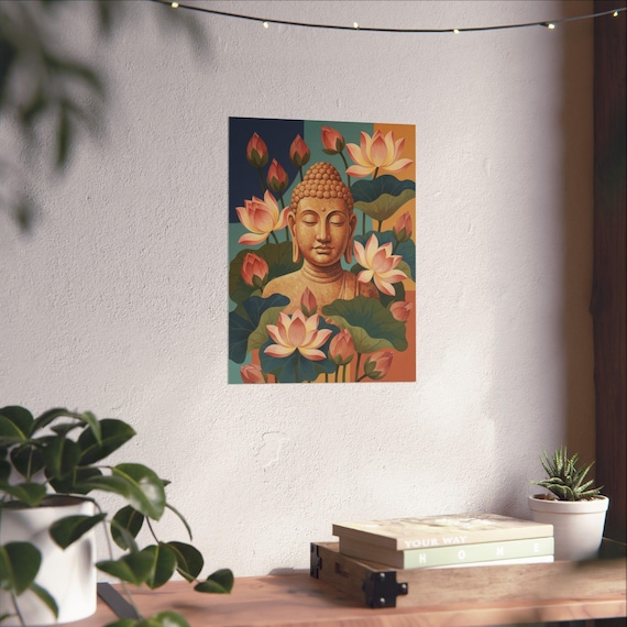 Buddha Bust with Lotus Flowers Matte Vertical Poster Yoga Wall Art Zen Home Decor