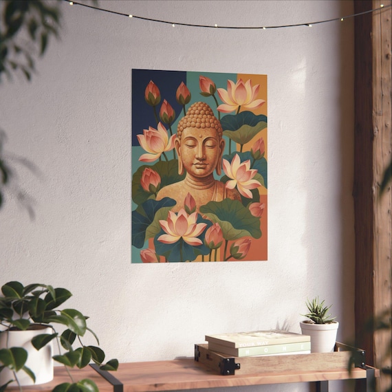 Buddha Bust with Lotus Flowers Matte Vertical Poster Yoga Wall Art Zen Home Decor