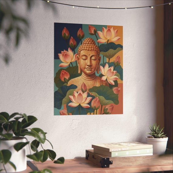 Buddha Bust with Lotus Flowers Matte Vertical Poster Yoga Wall Art Zen Home Decor