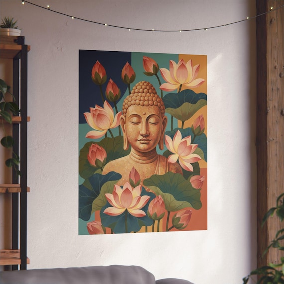 Buddha Bust with Lotus Flowers Matte Vertical Poster Yoga Wall Art Zen Home Decor