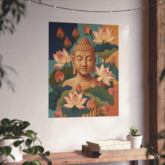 Buddha Bust with Lotus Flowers Matte Vertical Poster Yoga Wall Art Zen Home Decor