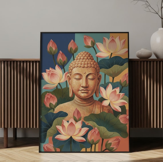 Buddha Bust with Lotus Flowers Matte Vertical Poster Yoga Wall Art Zen Home Decor