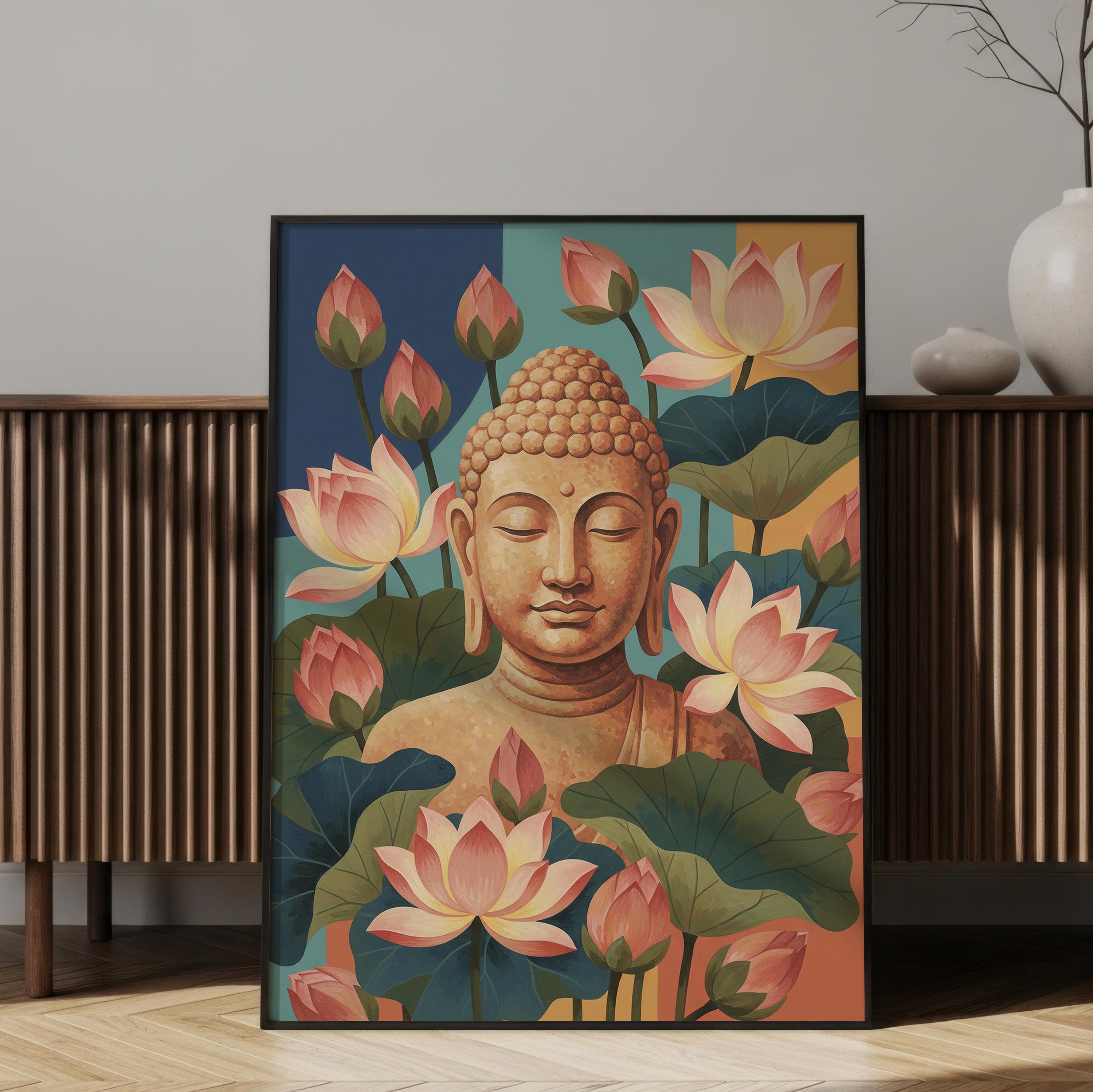 Buddha Bust with Lotus Flowers Matte Vertical Poster Yoga Wall Art Zen Home Decor