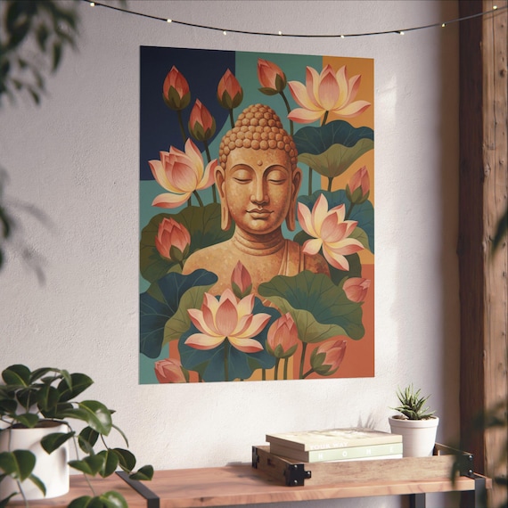Buddha Bust with Lotus Flowers Matte Vertical Poster Yoga Wall Art Zen Home Decor