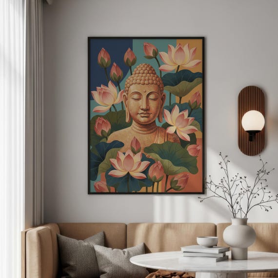Buddha Bust with Lotus Flowers Matte Vertical Poster Yoga Wall Art Zen Home Decor