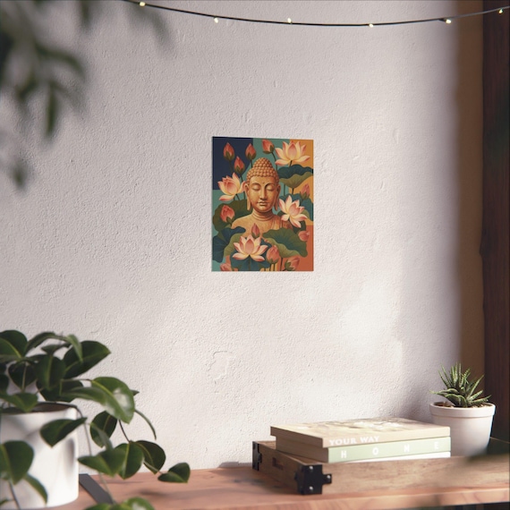 Buddha Bust with Lotus Flowers Matte Vertical Poster Yoga Wall Art Zen Home Decor