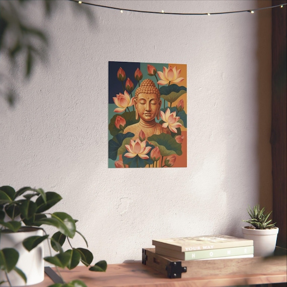 Buddha Bust with Lotus Flowers Matte Vertical Poster Yoga Wall Art Zen Home Decor
