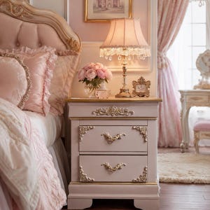 May include: A light pink wooden nightstand featuring two drawers with ornate gold-toned metal handles and decorative corner accents. The nightstand has a smooth top surface and sits on a base with a carved floral detail along the top drawer front.