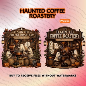 May include: Two digital illustrations of a Haunted Coffee Roastery featuring ghosts operating coffee roasting equipment. The scenes include burlap sacks labeled Premium Coffee Beans, pumpkins, lanterns, and black cats on a pink background.