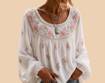 Women Boho Blouse, Floral Peasant top with Long Sleeves, Cottage core Shirt