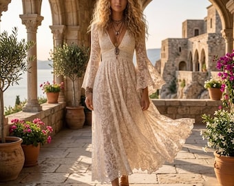 Boho-Maxikleid aus Spitze, Boho-Hochzeitskleid mit Glockenärmeln, romantisches, verträumtes Festkleid