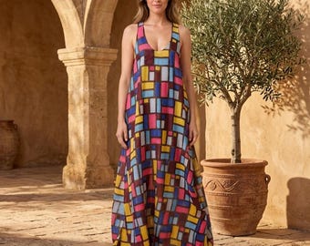 Geometric Boho Maxi Dress, Sleeveless Flowy Summer Dress