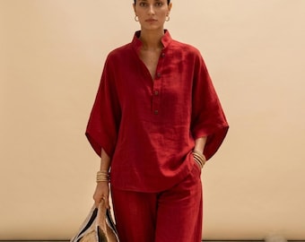 Linen Cotton Matching Set – Women's Button Up Shirt & Relaxed Pants