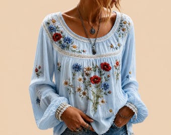 Boho Floral Blouse, Loose Fit Peasant Top, Women’s Summer Long Sleeve Shirt