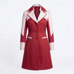 Abrigo largo de retazos en rojo intenso y blanco para mujer / Chaqueta estilo mod vintage de los años 70 / Gabardina larga Romana Cosplay / Heroína retro de ciencia ficción