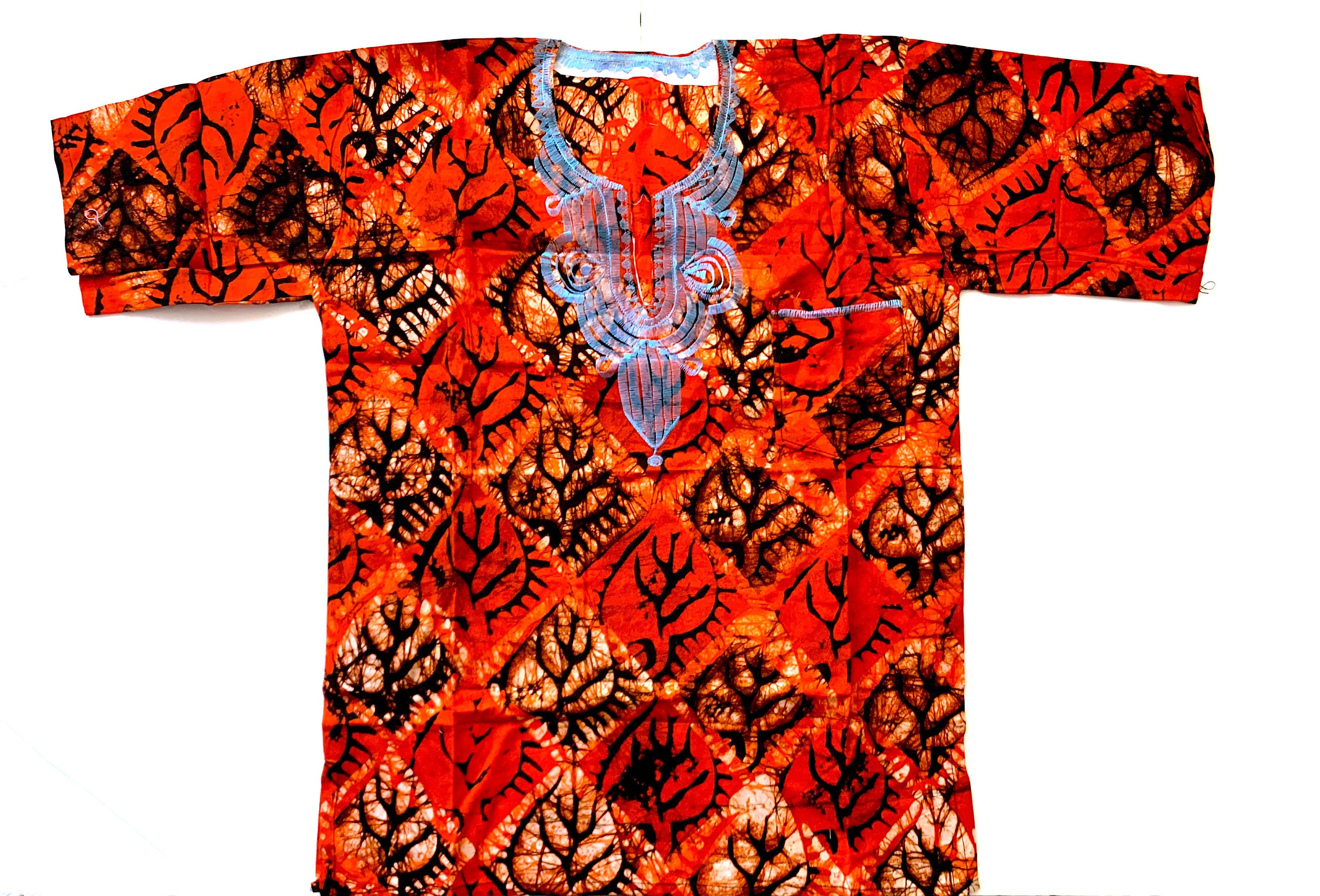 Image of Men's Red Batik Print Top With Embroidery