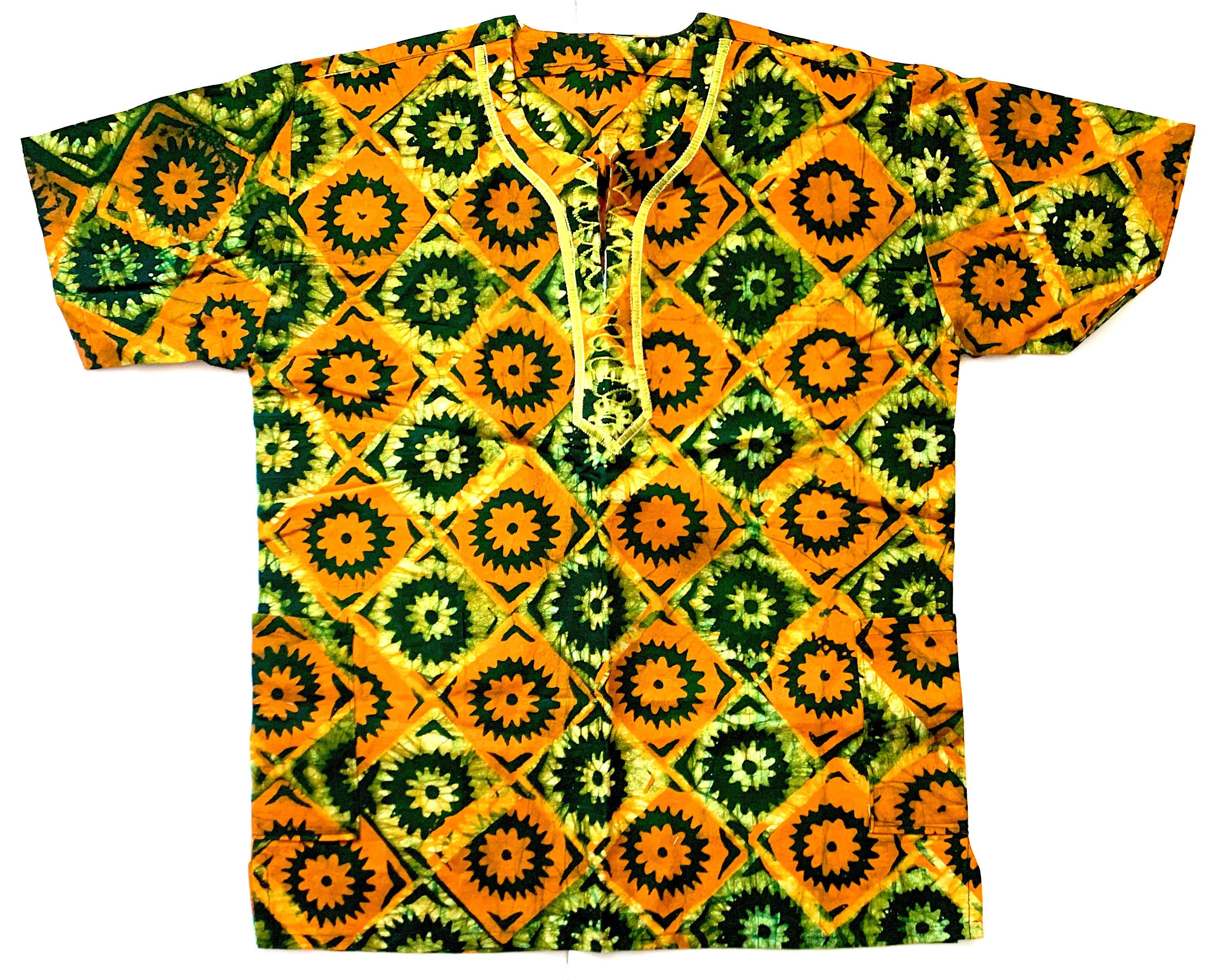 Image of Men's Orange & Green Batik Print Top With Embroidery