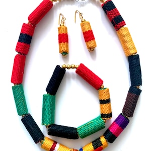 Handmade African Woven Kente Necklace Set with Bracelet & Earrings