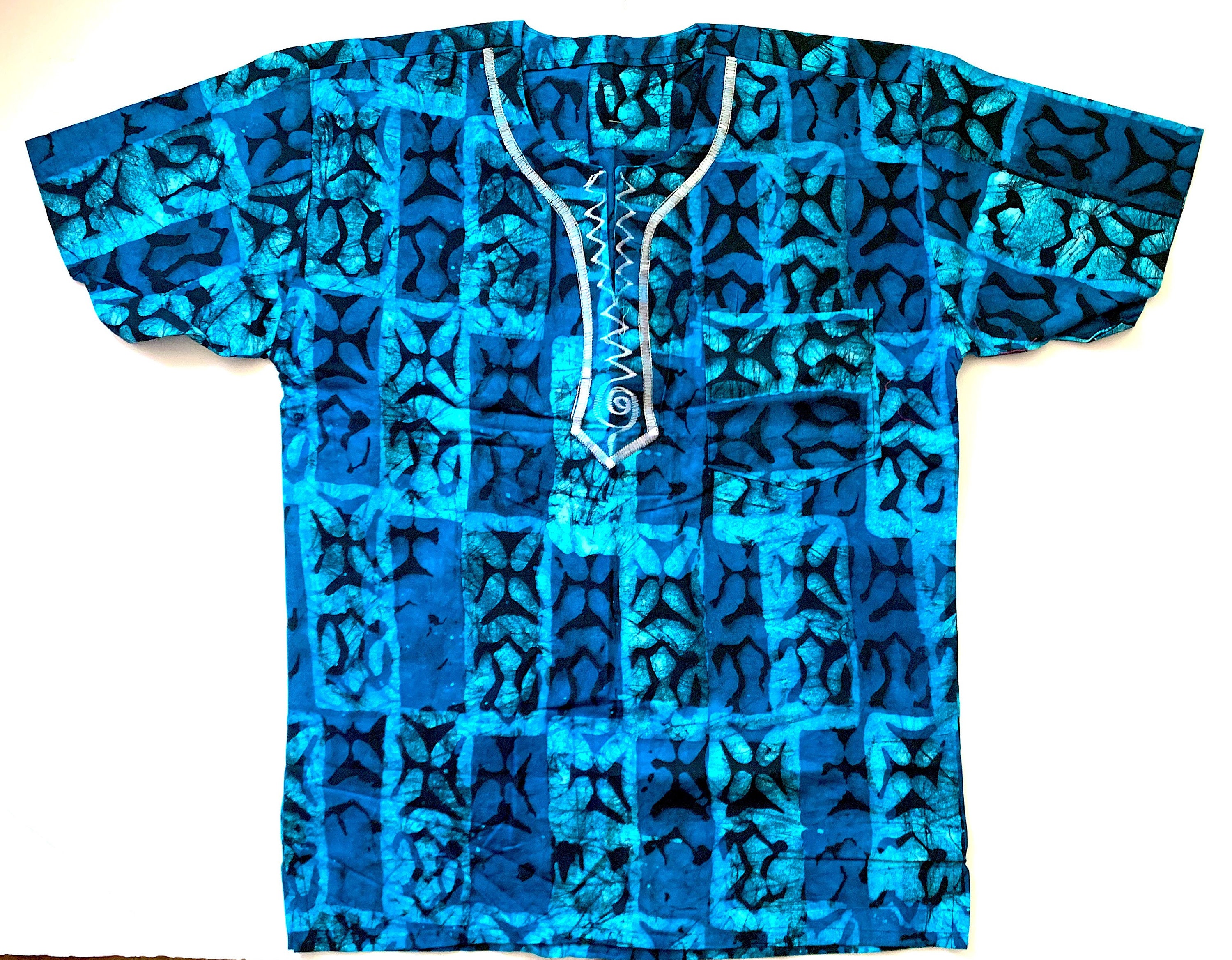 Image of Men's Blue Batik Print Top With Embroidery