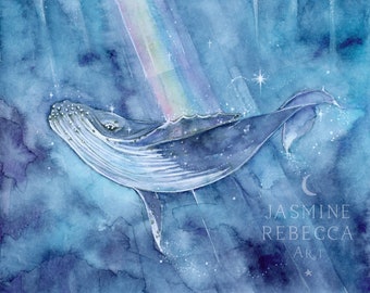 PRINT 7 x 7 True Magic, Humpback whale ocean rainbow print watercolor art